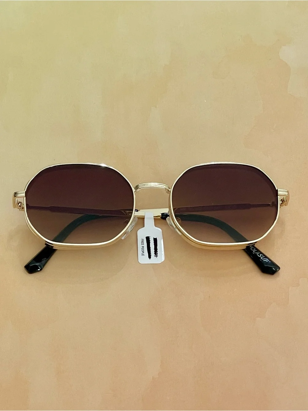 Free People Gold Doble Frame Brown Lens Square-Rounded Sunglasses - Picture 4 of 13